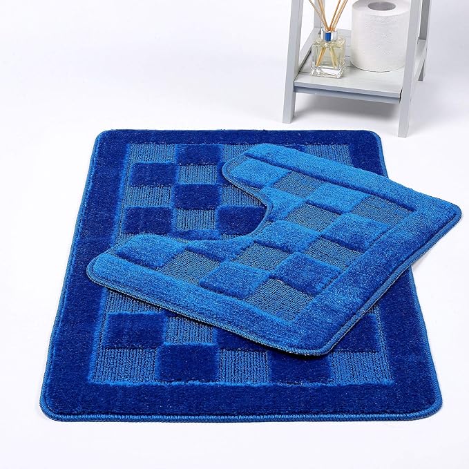Squares 2 Piece Bath Mat & Pedestal Set Non Slip Extra Absorbent Square Bathroom Toilet Rug Bath Mats Set
