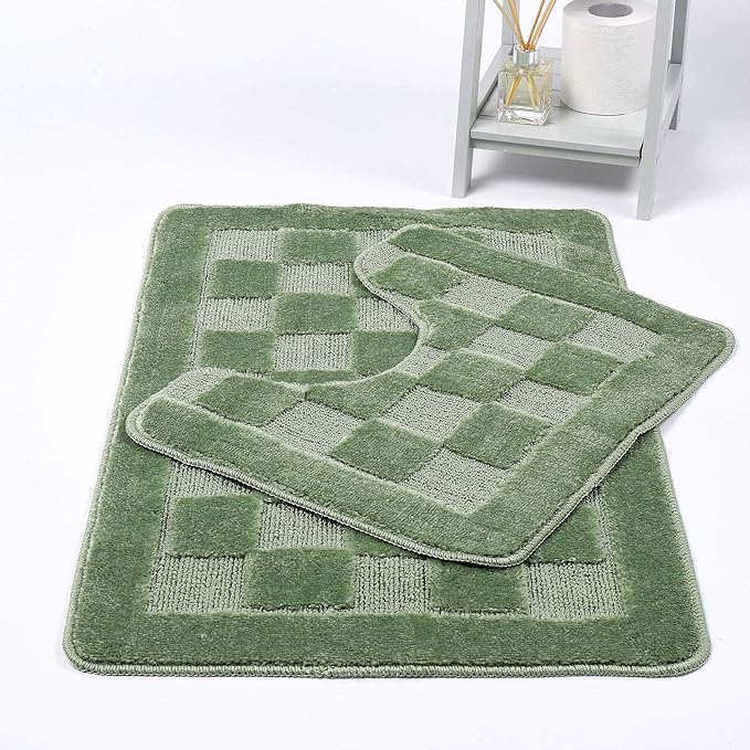 Squares 2 Piece Bath Mat & Pedestal Set Non Slip Extra Absorbent Square Bathroom Toilet Rug Bath Mats Set