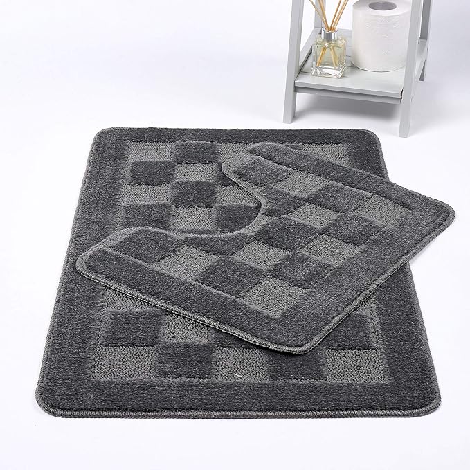 Squares 2 Piece Bath Mat & Pedestal Set Non Slip Extra Absorbent Square Bathroom Toilet Rug Bath Mats Set