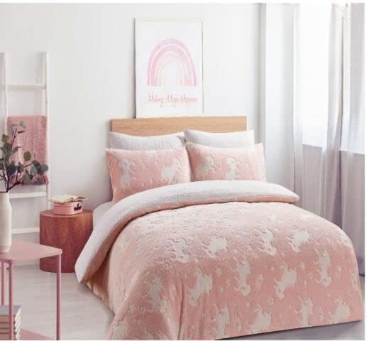 Teddy Duvet Set Unicorn Glow In The Dark Pink Kids Boys Girls Reversible Soft Feel Fleece Duvet Cover Quilt Bedding Set with Pillowcase