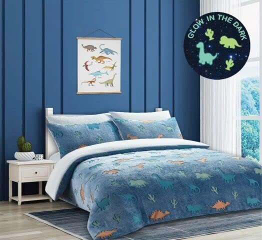 Teddy Duvet Set Dinosaur Glow In The Dark Blue Kids Boys Girls Reversible Soft Feel Fleece Duvet Cover Quilt Bedding Set with Pillowcase