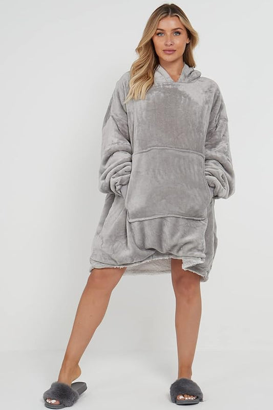 Oversized Wearable Blanket Hoodie Teddy Fleece Fluffy Sherpa Hooded Sweatshirt Blanket with Pocket for Men & Women