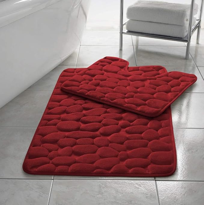 Stone Pebbles Bath Mat Set Non Slip Pedestal Set Extra Absorbent 100% Memory Foam Bathroom Toilet Mat Rug Set