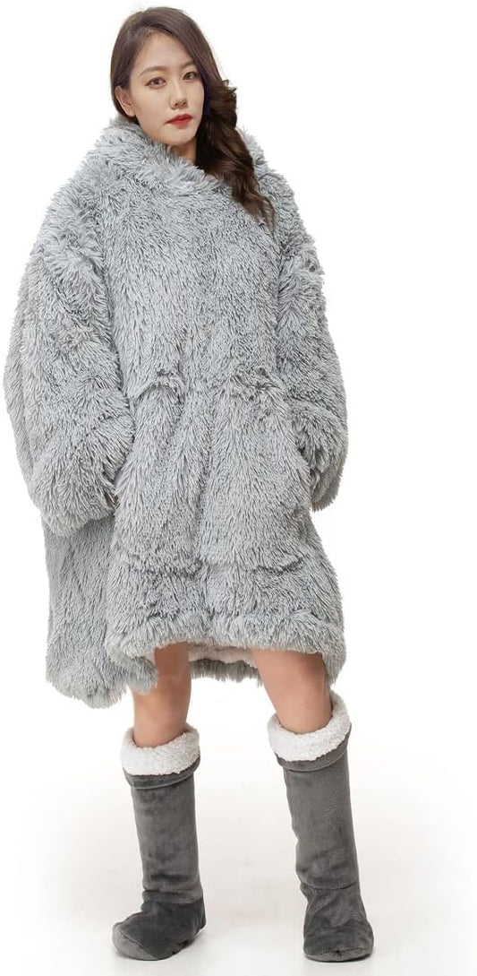 Oversized Wearable Blanket Hoodie Cuddles Alaska Long Fur Fluffy Sherpa Printed Hooded Sweatshirt Blanket Pullover Giant Hooded