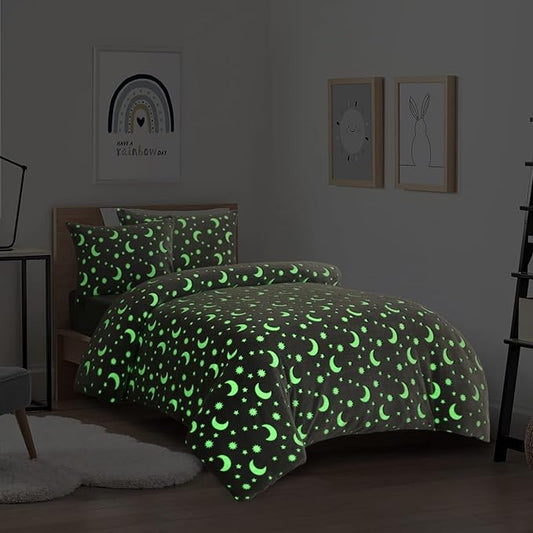 Teddy Duvet Set Moon & Stars Glow In The Dark Grey Kids Boys Girls Reversible Soft Feel Fleece Duvet Cover Quilt Bedding Set with Pillowcase