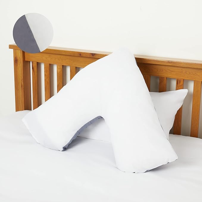 Orthopaedic V-Shaped Pillow With 2 Tone Reversible Pillowcase Extra Cushioning Support For Head, Neck & Back