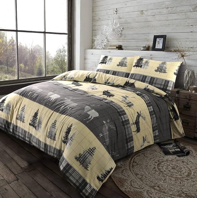 Stag Flannelette 100% Natural Brushed Cotton Luxurious Duvet Cover Sets Reversible Bedding Sets With Matching Pillowcases