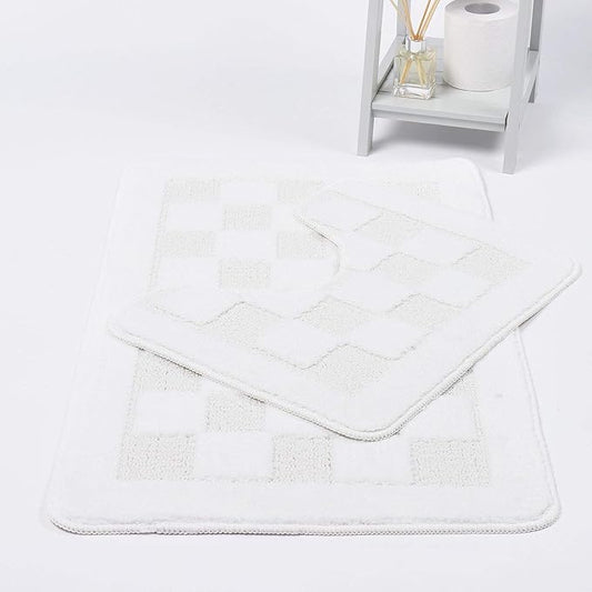 Squares 2 Piece Bath Mat & Pedestal Set Non Slip Extra Absorbent Square Bathroom Toilet Rug Bath Mats Set