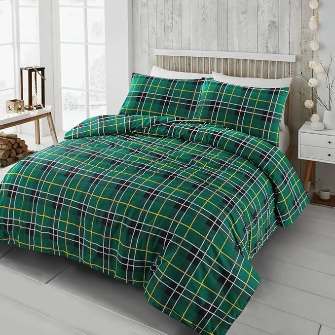 Tartan Check Flannelette Thermal 100% Brushed Cotton Duvet Cover with Matching Pillowcase cover Warm Cosy Bedding Set