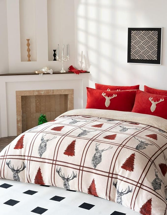 Teddy Bear Fleece Stag Xmas Tree Duvet Cover Set Fluffy Warm Soft Cosy Bedding Set