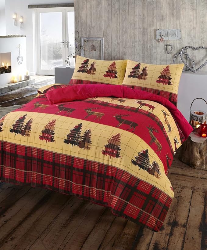 Stag Flannelette 100% Natural Brushed Cotton Luxurious Duvet Cover Sets Reversible Bedding Sets With Matching Pillowcases