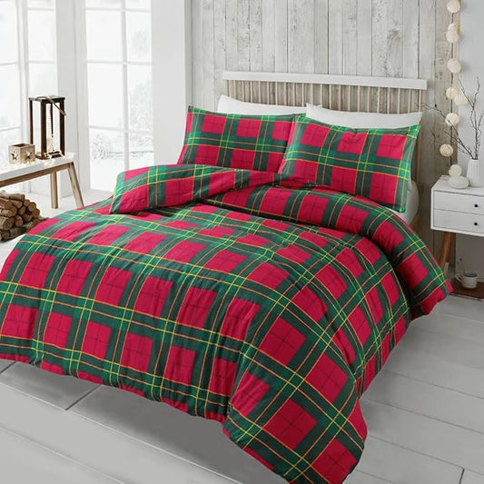 Tartan Check Flannelette Thermal 100% Brushed Cotton Duvet Cover with Matching Pillowcase cover Warm Cosy Bedding Set