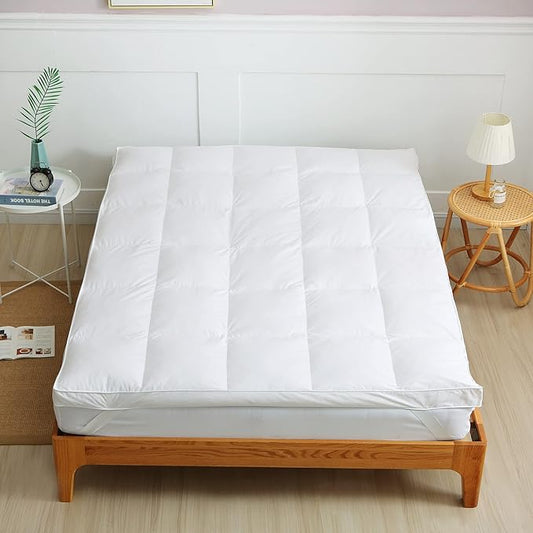 Mattress Topper Duck Feather 7cm Deep Extra Thick Bed Topper 100% Cotton Anti Dust Mite & Feather Proof Fabric Hypoallergenic Duck Feather Topper