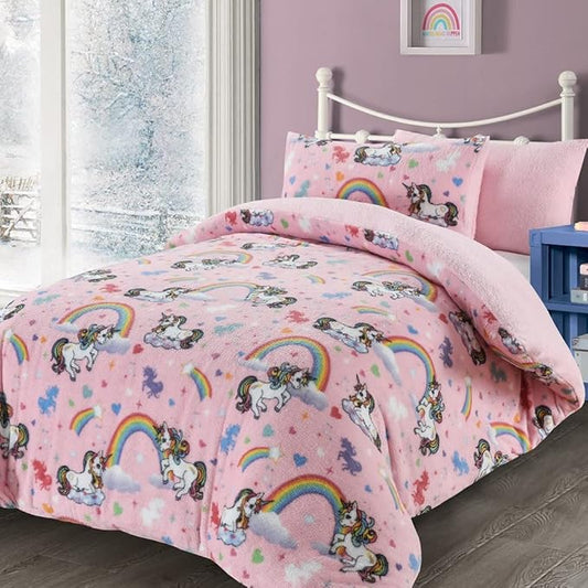 Teddy Bear Duvet Cover Set Children Fleece Unicorn Rainbow Quilt Cover Bedding Set With Matching Pillowcase Warm Cosy Winter Kids Unicorn Pink