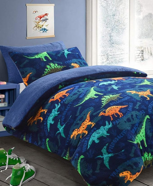 Teddy Fleece Kids Dinosaur Duvet Cover & Pillowcase Bedding Set
