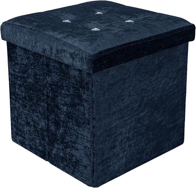 Crushed Velvet Diamante Ottoman Pouffe Seat Stool Footstool Storage Unit Bench Foldable Storage Box