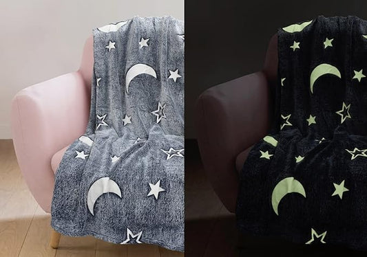 Glow In The Dark Grey Fleece Blanket Throw with Moons and Stars Pattern Super Soft Blanket for All Seasons (Grey, 100cm x 150cm)