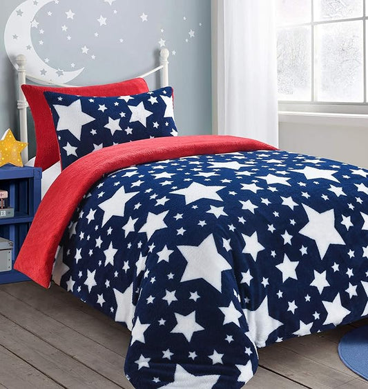 Teddy Star Fleece Duvet Cover Set Soft Cosy Warm Kids Star Teddy Bear Bedding Set