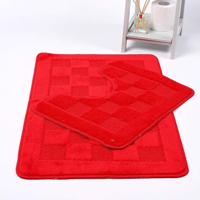 Squares 2 Piece Bath Mat & Pedestal Set Non Slip Extra Absorbent Square Bathroom Toilet Rug Bath Mats Set