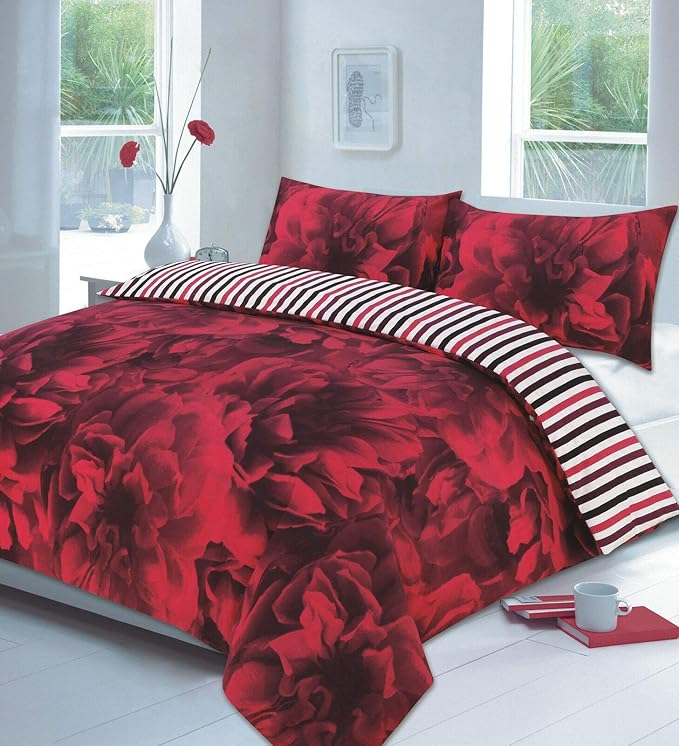 Rose Floral Reversible Stripes Duvet Cover Set Easy Care Printed Bedding Set