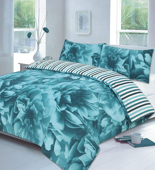 Rose Floral Reversible Stripes Duvet Cover Set Easy Care Printed Bedding Set
