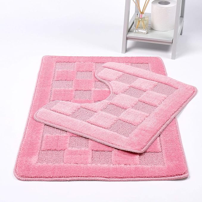 Squares 2 Piece Bath Mat & Pedestal Set Non Slip Extra Absorbent Square Bathroom Toilet Rug Bath Mats Set